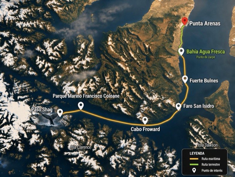 Mapa de la ruta: Punta Arenas a Paso Shag